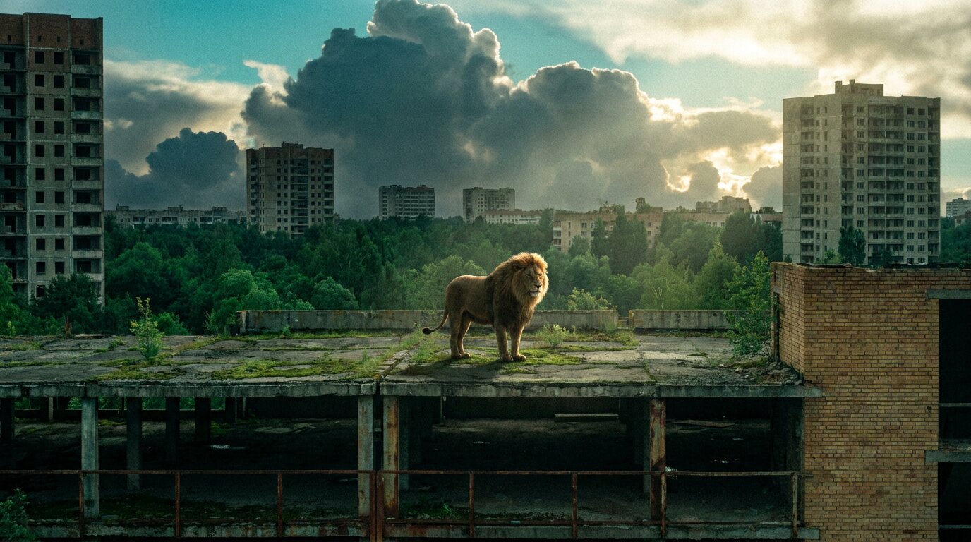 Лев стоит на крыше разрушенной парковки над заросшим городом